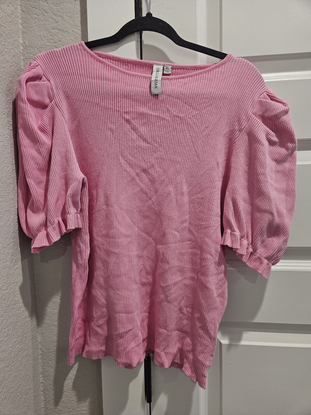 Bubblegum Pink Ribbed Puff-Sleeve Tee